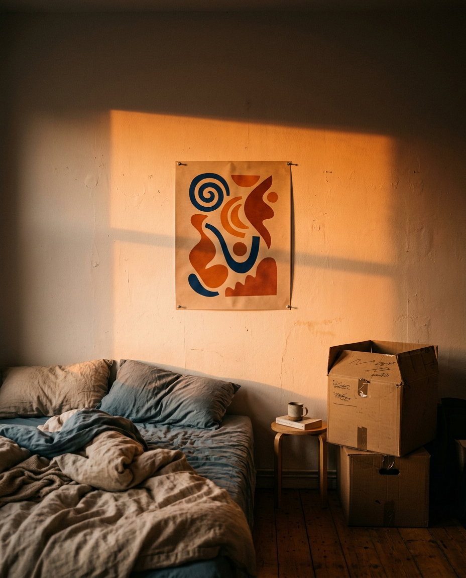 Generated image: a bedroom wall lit by evening sun, a printed poster pinned above an unmade bed and moving boxes