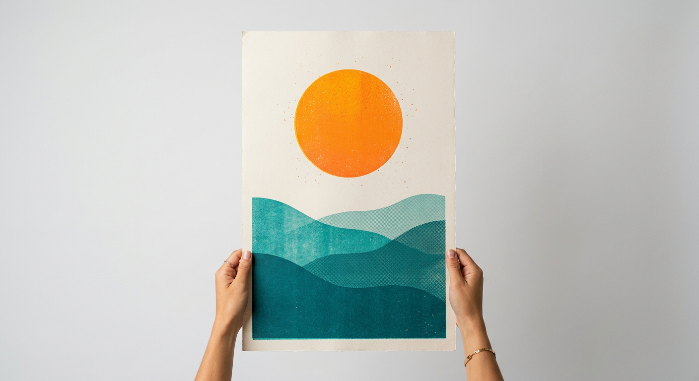 Generated image: two hands holding up a risograph poster of an orange sun over teal hills
