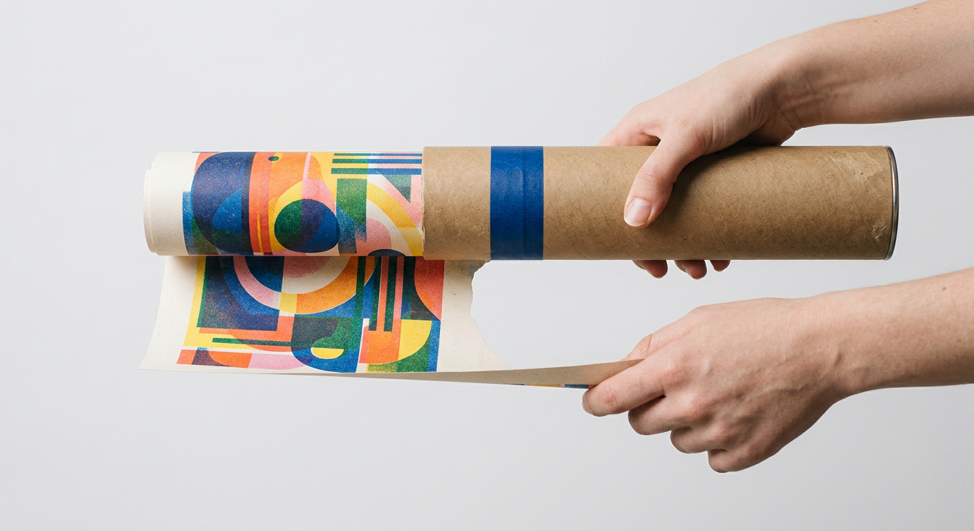 Generated image: hands pulling a colourful printed poster out of a cardboard tube
