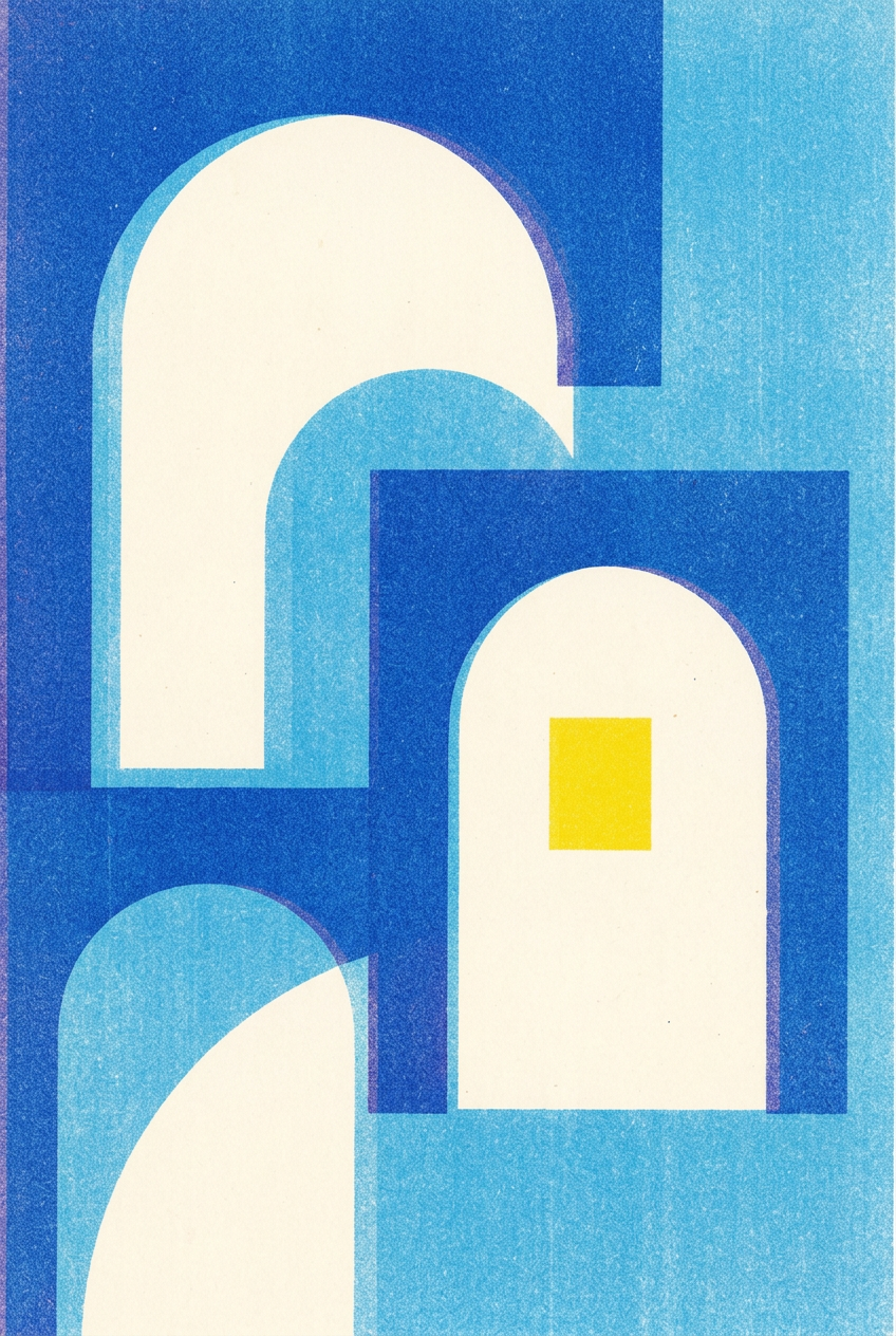 Sample poster: cream arches on cobalt and sky blue