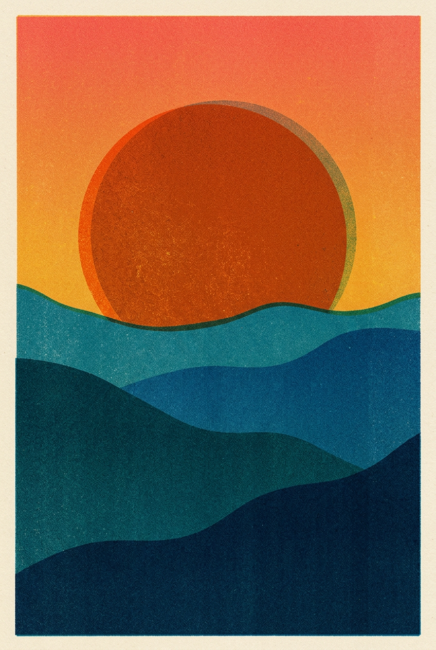 Sample poster: a burnt-orange sun over teal hills