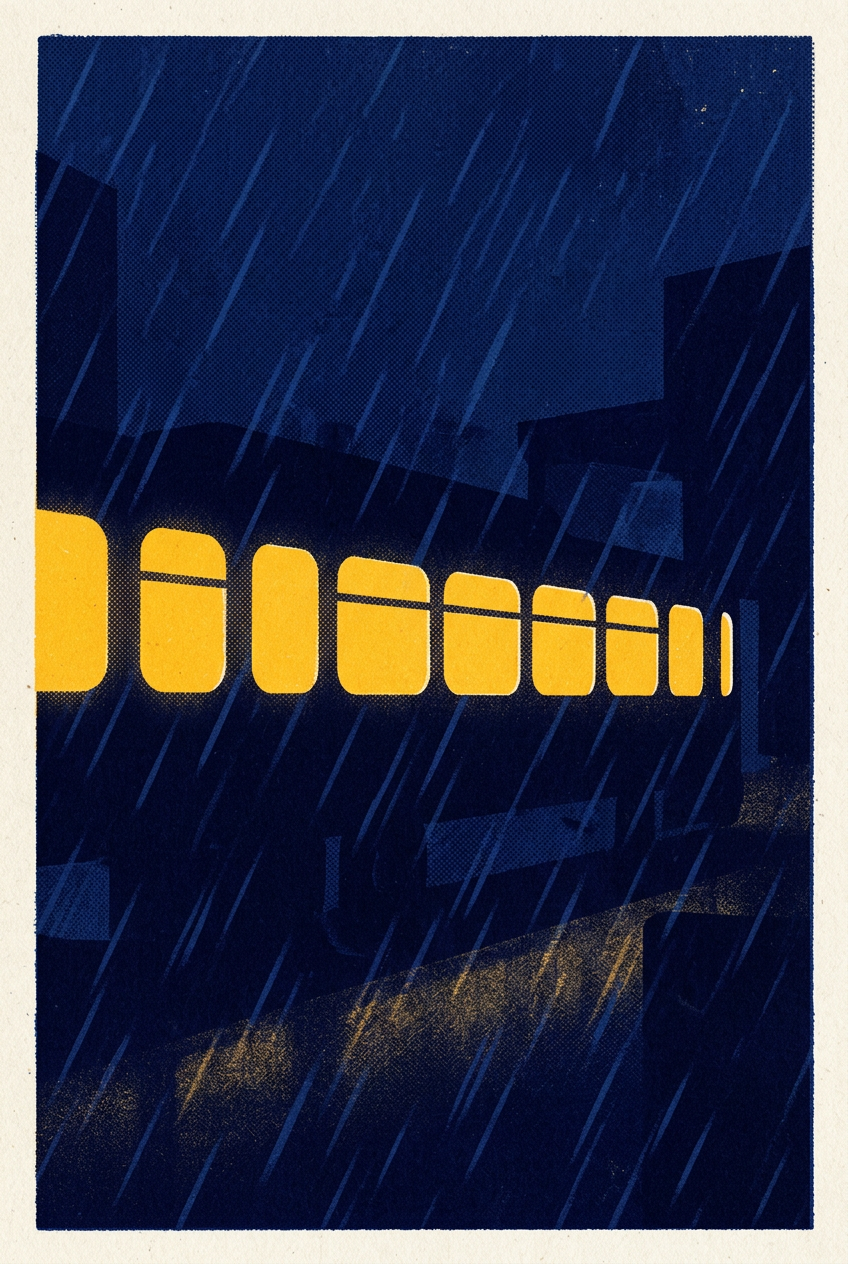 Sample poster: a rainy night street with a tram window glowing yellow