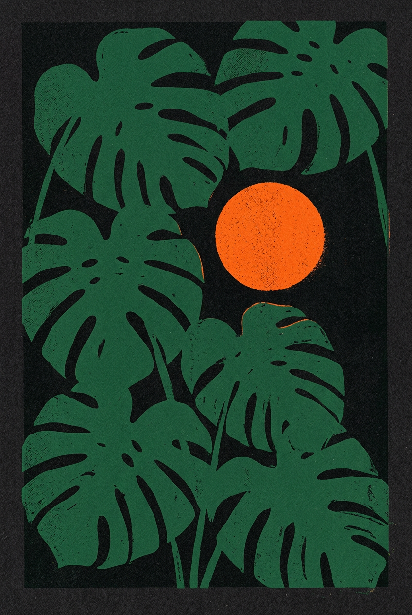 Sample poster: green monstera leaves around an orange moon on black